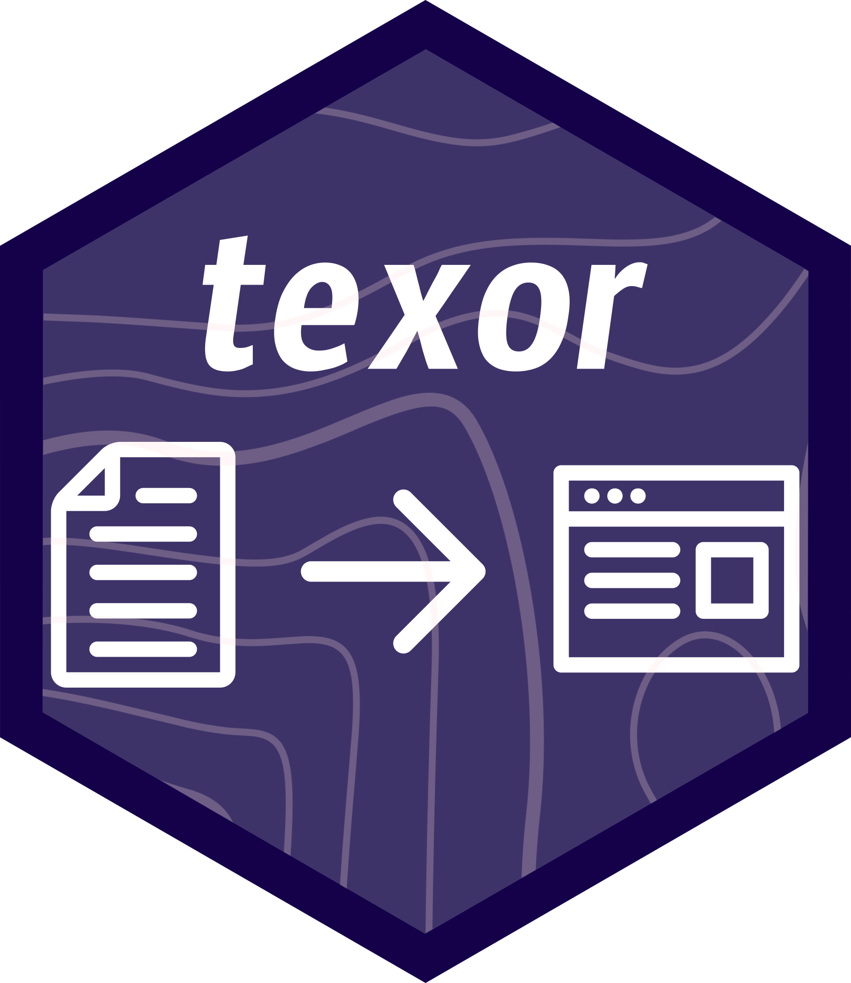 texor package hex sticker with icons showing transistion from PDF documents to web pages.